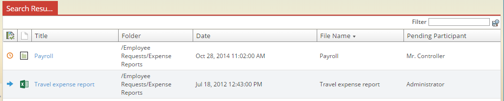 Screenshot showing Approver search results by Status.